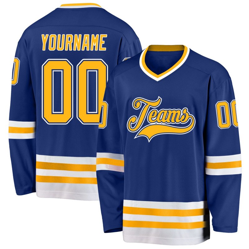 0fac35af82a6b6b6f85cf29957bc8e48 Men's Custom Royal Gold-White Hockey Jersey - Image 1