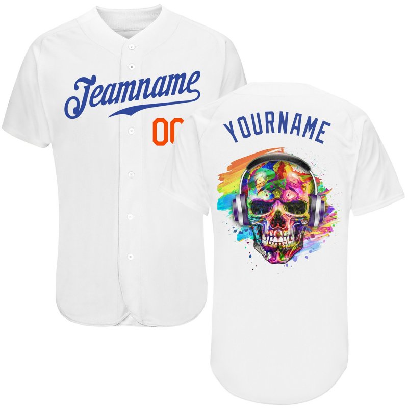 82e0d8e93434344ec14d5edc2f4e672a Men's Custom White Royal-Orange Authentic Skull Fashion Baseball Jersey - Image 1