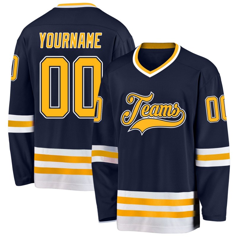 a1ca44efa49fbc537f08ee0b3bbe0736 Men's Custom Navy Gold-White Hockey Jersey - Image 1