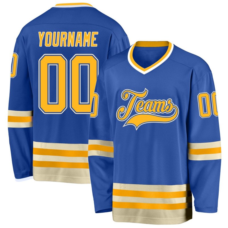 b4d5f914d49be44bd9ed70f7bf12fa92 Men's Custom Blue Gold-Cream Hockey Jersey - Image 1