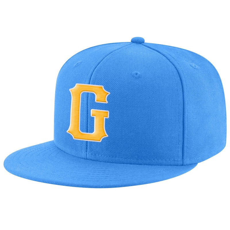 fadfcd9b828e1af155fe841ac9b42dae Custom Powder Blue Gold-White Stitched Adjustable Snapback Hat - Image 1